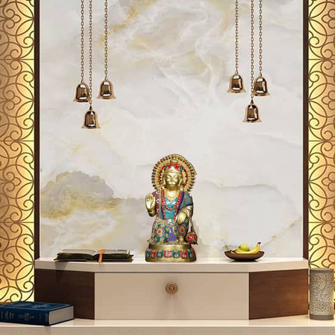 19" Blessing Lord Hanuman | Brass Statue with Inlay Work
