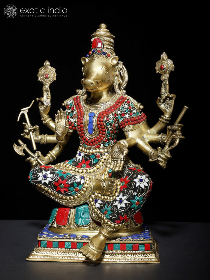 13" Sitting Eight Armed Goddess Varahi | Brass Statue with Inlay Work