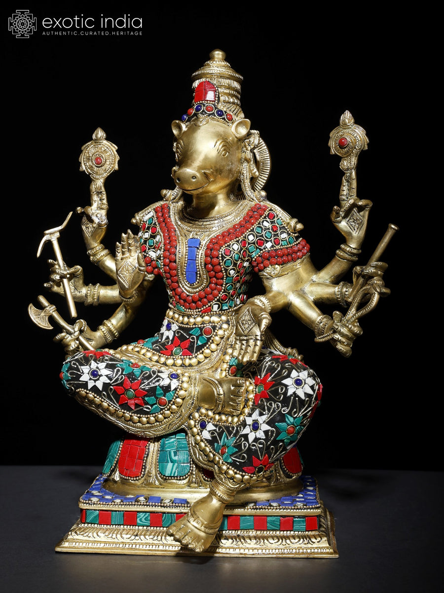 13" Eight Armed Goddess Varahi Brass Statue with Inlay Work