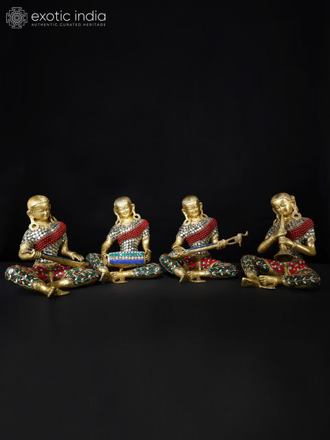 8" Female Folk Musicians | Set of Four | Brass Statues with Inlay Work
