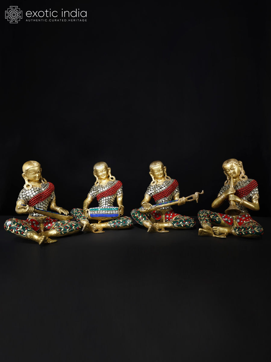 8" Female Folk Musicians Brass Statues Set with Inlay Work