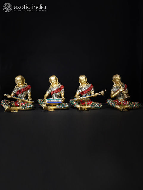 8" Female Folk Musicians | Set of Four | Brass Statues with Inlay Work