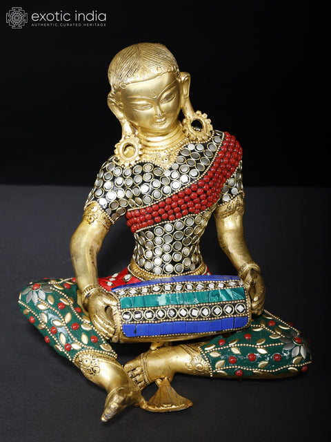 8" Female Folk Musicians | Set of Four | Brass Statues with Inlay Work