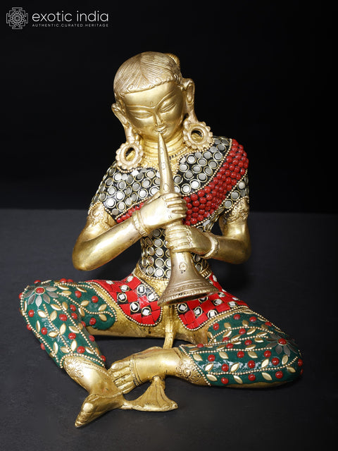 8" Female Folk Musicians | Set of Four | Brass Statues with Inlay Work