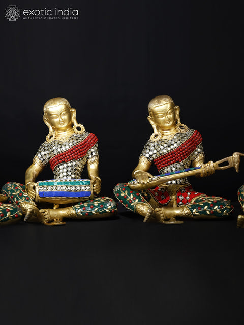 8" Female Folk Musicians | Set of Four | Brass Statues with Inlay Work