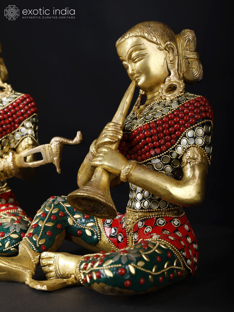 8" Female Folk Musicians | Set of Four | Brass Statues with Inlay Work