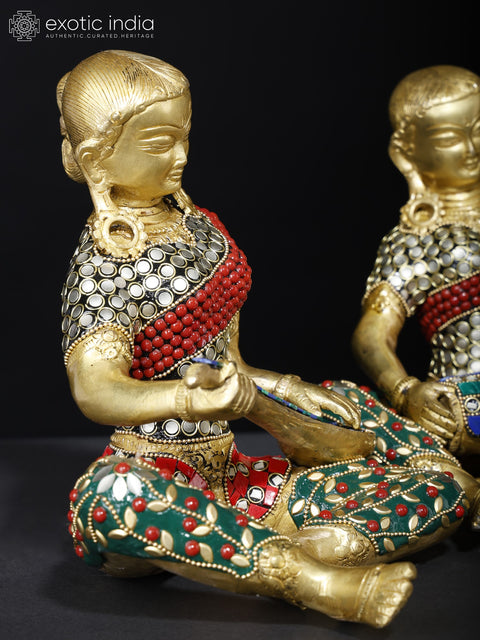 8" Female Folk Musicians | Set of Four | Brass Statues with Inlay Work