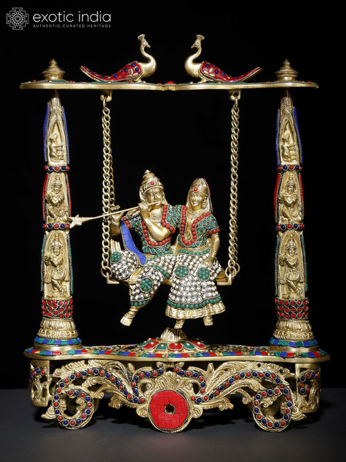 18" Radha Krishna on Swing Handmade Brass Statue with Inlay Work