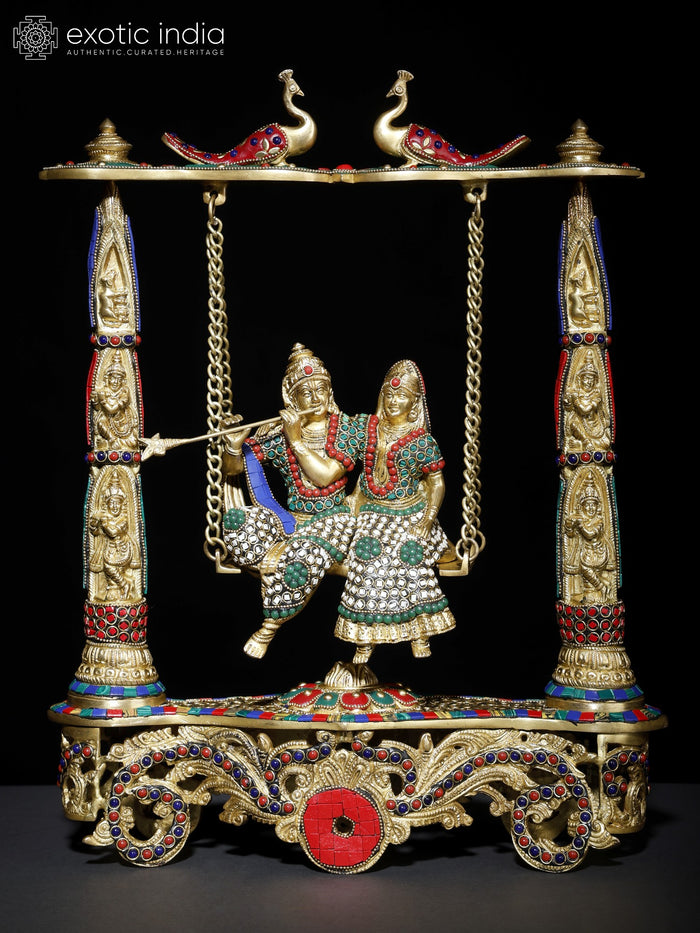 18" Radha Krishna on Swing Handmade Brass Statue with Inlay Work