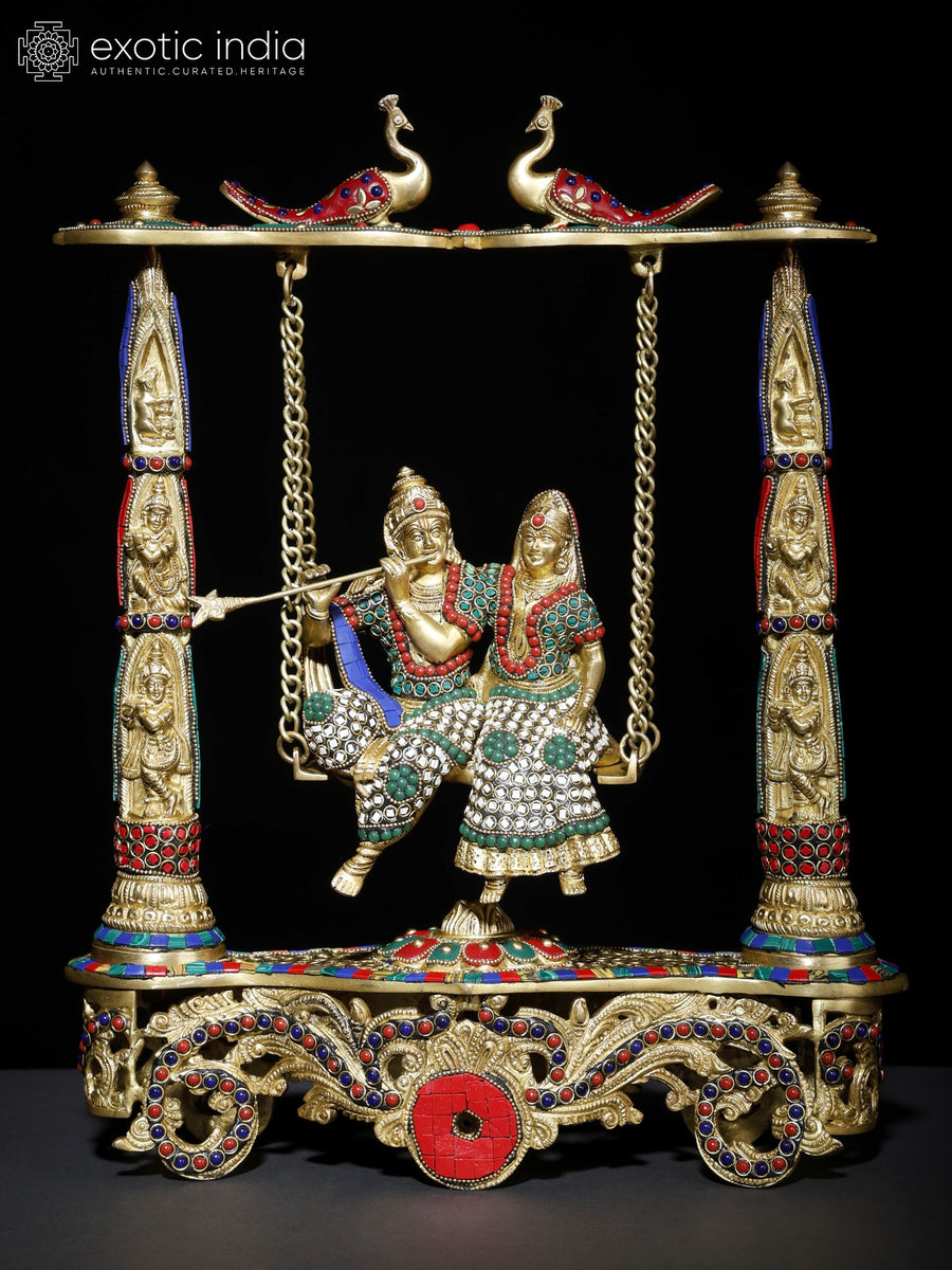 18" Radha Krishna on Swing Handmade Brass Statue with Inlay Work