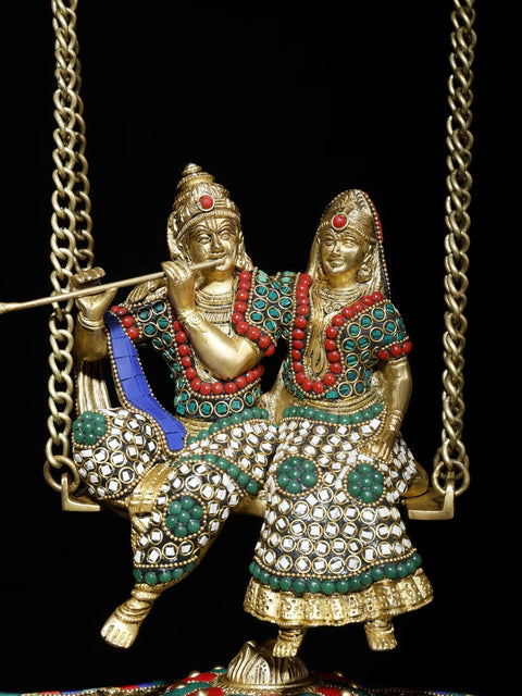 18" Radha - Krishna on Swing | Brass Statue with Inlay Work