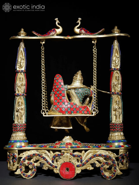 18" Radha - Krishna on Swing | Brass Statue with Inlay Work