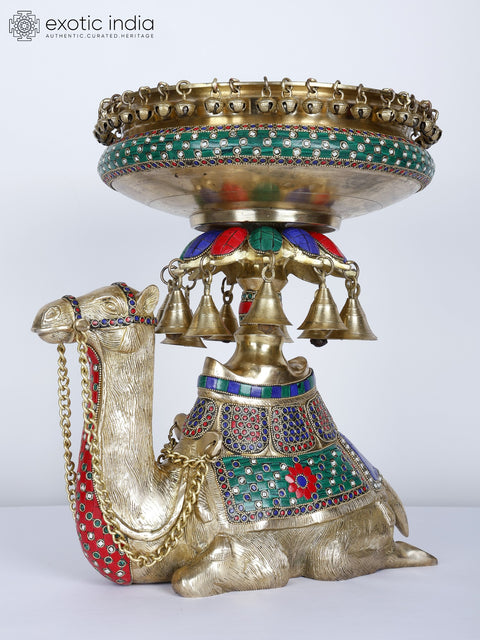 15" Camel Design Urli with Bells | Brass with Inlay Work