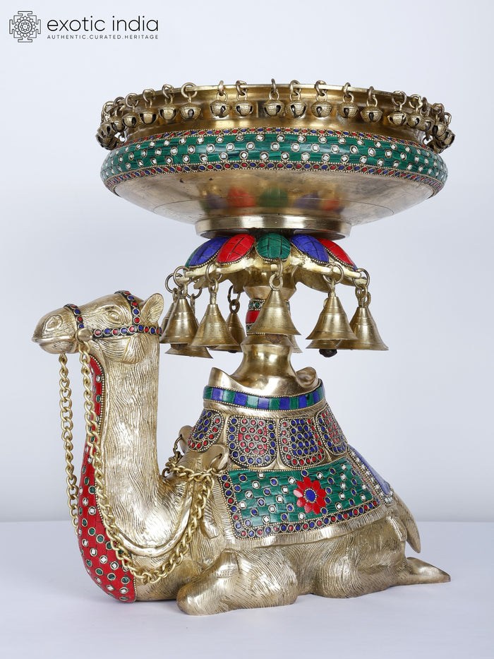 15" Camel Design Brass Urli with Bells and Inlay Work