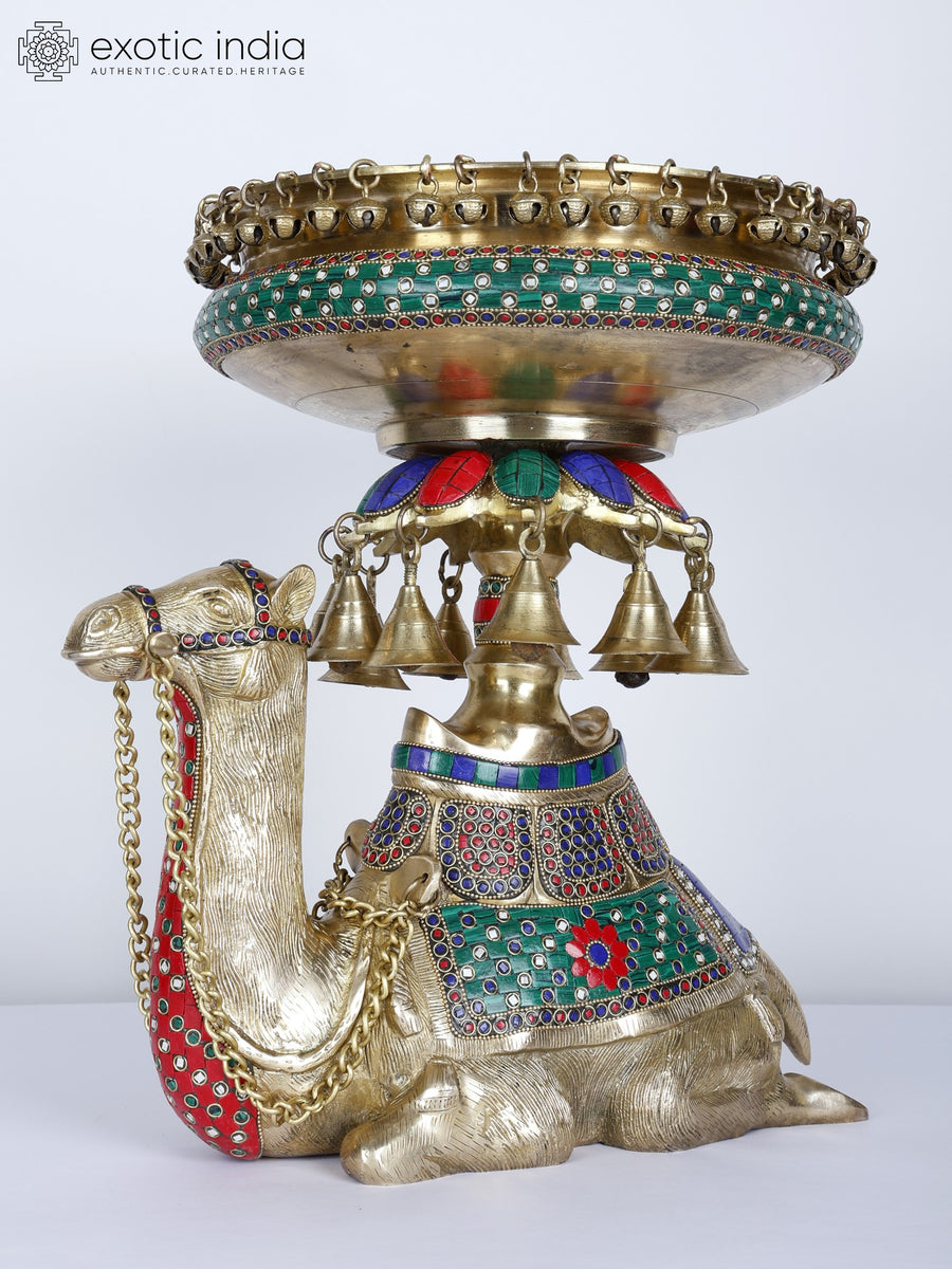 15" Camel Design Brass Urli with Bells and Inlay Work