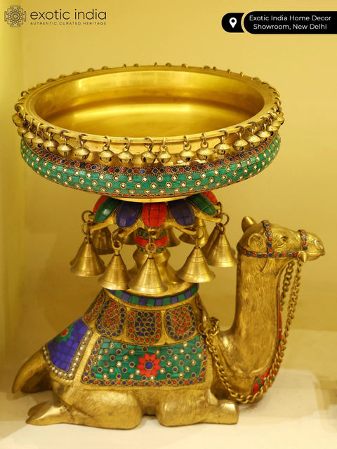 15" Camel Design Urli with Bells | Brass with Inlay Work