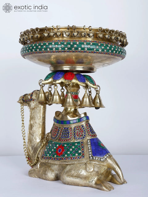 15" Camel Design Urli with Bells | Brass with Inlay Work