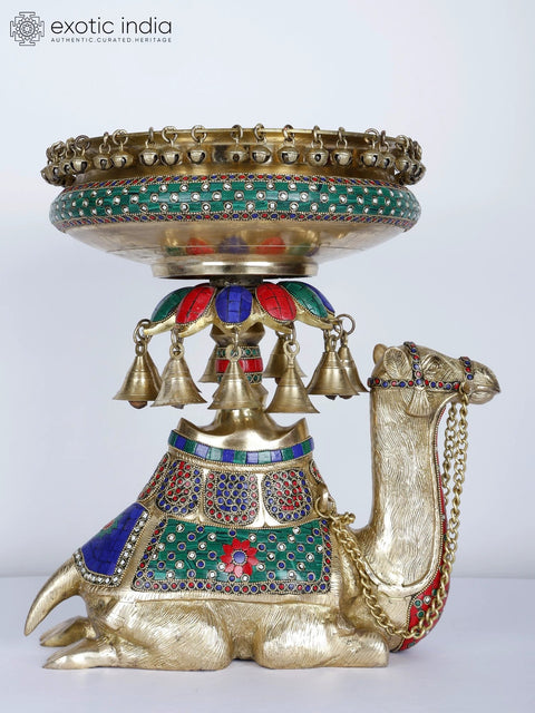 15" Camel Design Urli with Bells | Brass with Inlay Work