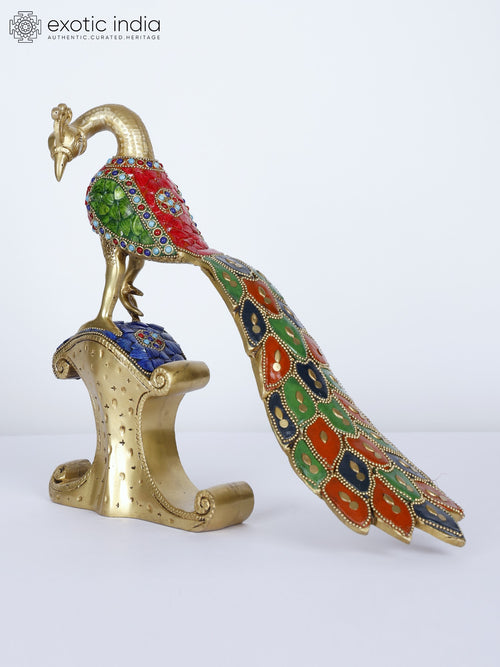 12" Brass Peacock Statue with Long Tail and Inlay Work
