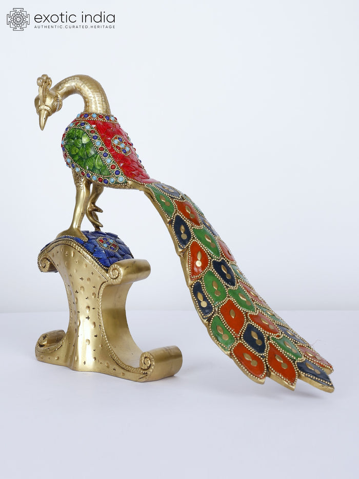 12" Brass Peacock Statue with Long Tail and Inlay Work