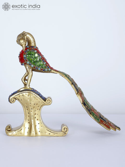 12" Beautiful Peacock with Long Tail | Brass Statue with Inlay Work