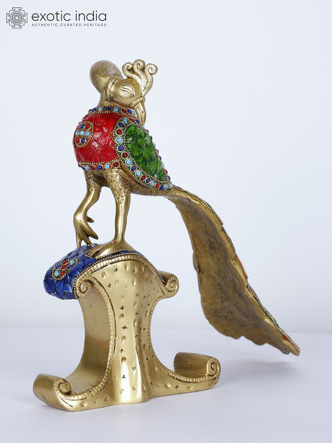 12" Beautiful Peacock with Long Tail | Brass Statue with Inlay Work