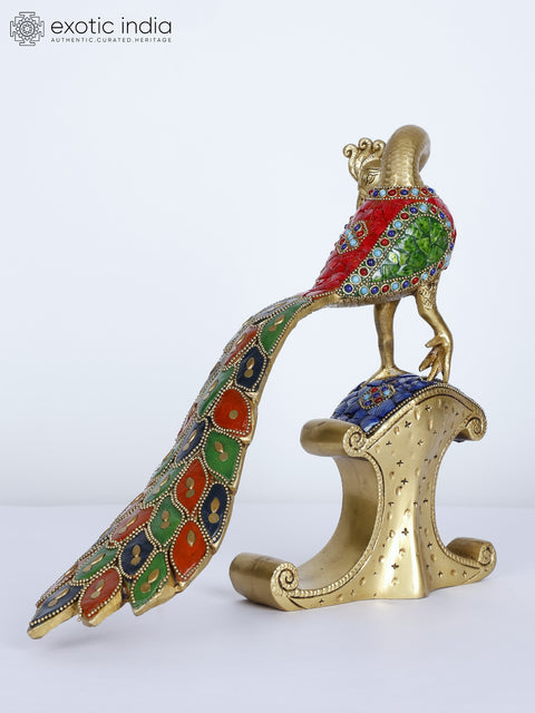 12" Beautiful Peacock with Long Tail | Brass Statue with Inlay Work