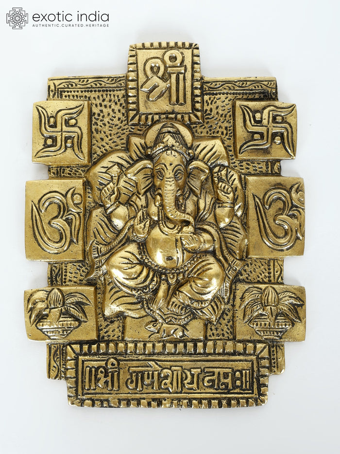 7" Brass Lord Ganesha Wall Hanging with Hindu Symbols