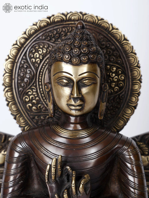 11" Lord Buddha Brass Statue Seated in Dharmachakra Mudra