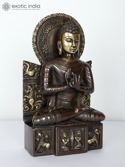 11" Lord Buddha Brass Statue Seated in Dharmachakra Mudra