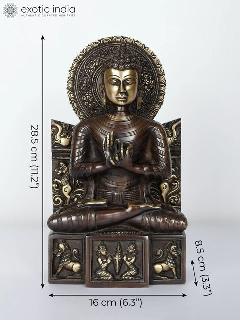 11" Lord Buddha Brass Statue Seated in Dharmachakra Mudra