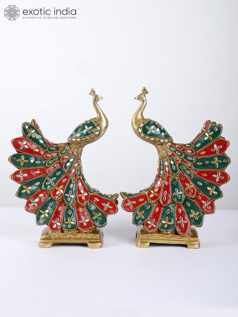 9" Beautiful Pair of Peacocks | Brass Statues with Inlay Work