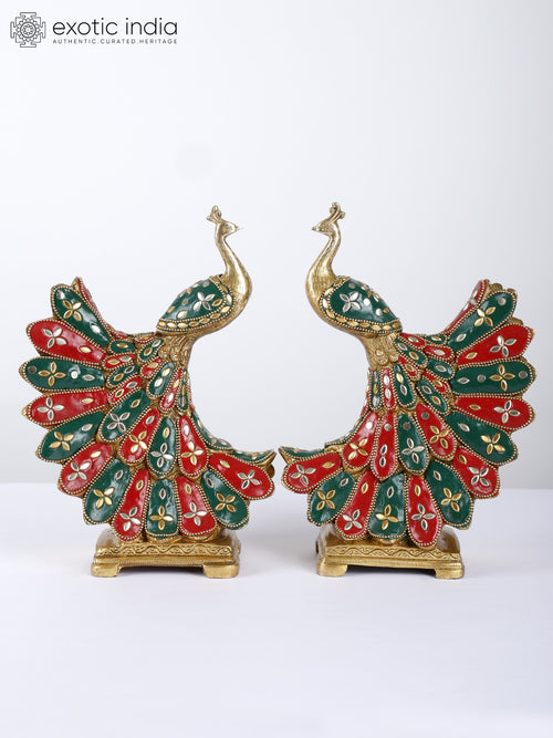 9" Brass Peacock Pair Statues with Inlay Work