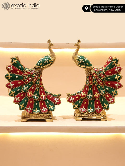 9" Beautiful Pair of Peacocks | Brass Statues with Inlay Work