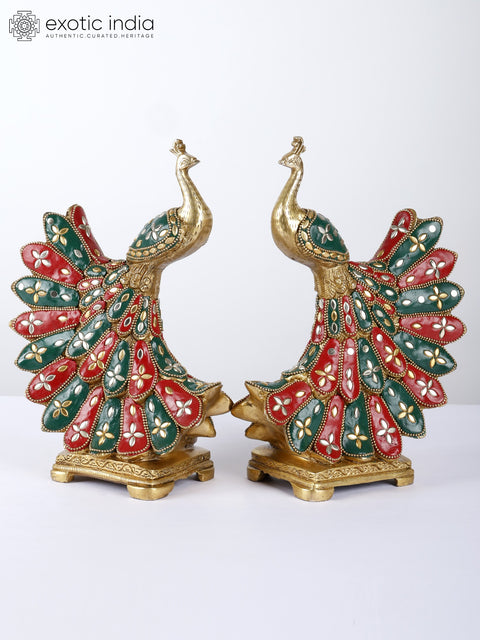 9" Beautiful Pair of Peacocks | Brass Statues with Inlay Work