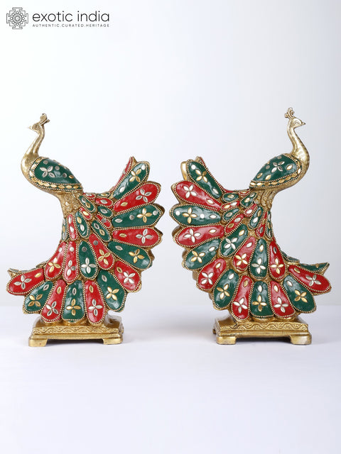 9" Beautiful Pair of Peacocks | Brass Statues with Inlay Work