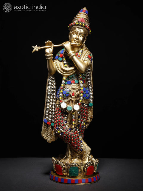 17" Lord Krishna Playing Flute on Lotus Pedestal | Brass Statue with Inlay Work