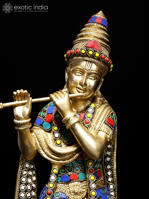 17" Lord Krishna Playing Flute on Lotus Pedestal | Brass Statue with Inlay Work