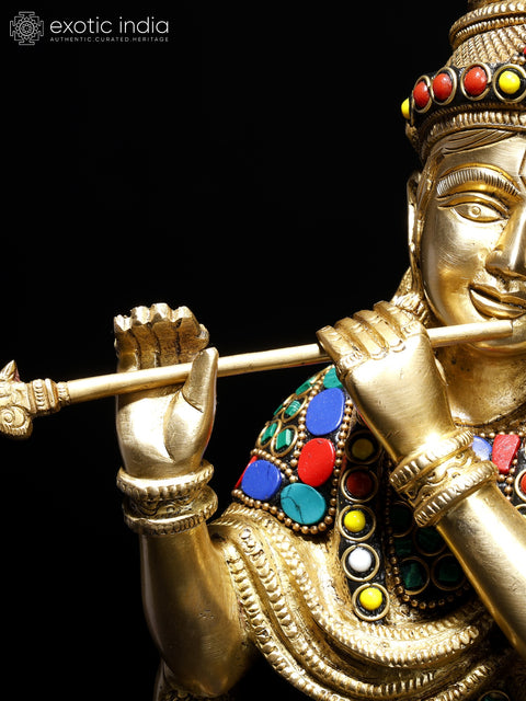 17" Lord Krishna Playing Flute on Lotus Pedestal | Brass Statue with Inlay Work