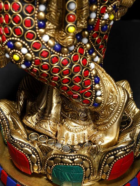 17" Lord Krishna Playing Flute on Lotus Pedestal | Brass Statue with Inlay Work