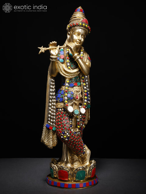 17" Lord Krishna Playing Flute on Lotus Pedestal | Brass Statue with Inlay Work