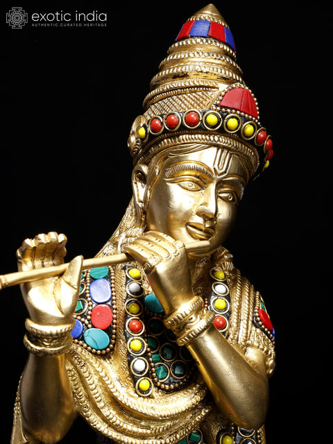 17" Lord Krishna Playing Flute on Lotus Pedestal | Brass Statue with Inlay Work
