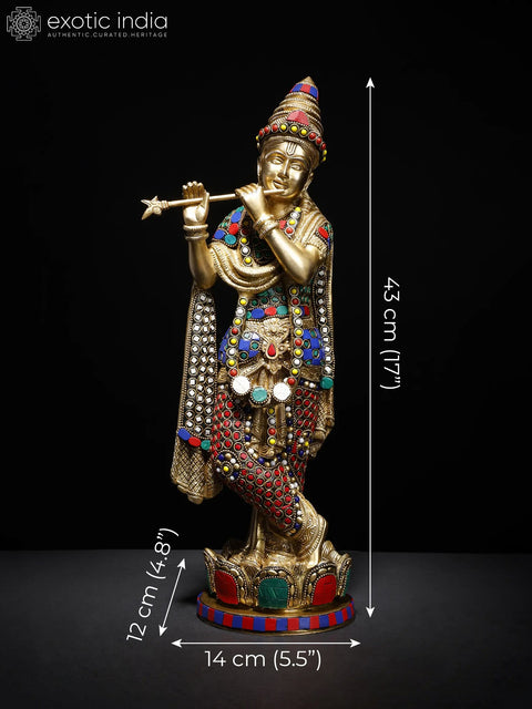 17" Lord Krishna Playing Flute on Lotus Pedestal | Brass Statue with Inlay Work