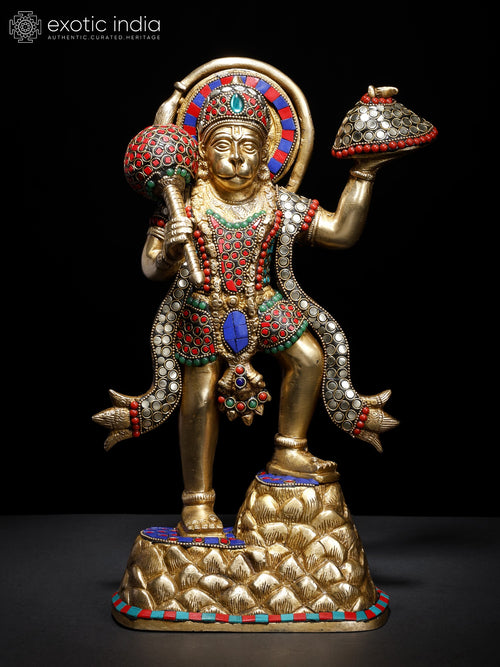 14" Brass Lord Hanuman Holding Sanjeevani Mountain Statue