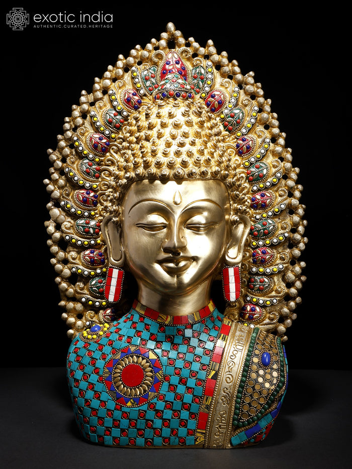 18" Serene Buddha Brass Statue with Inlay Work