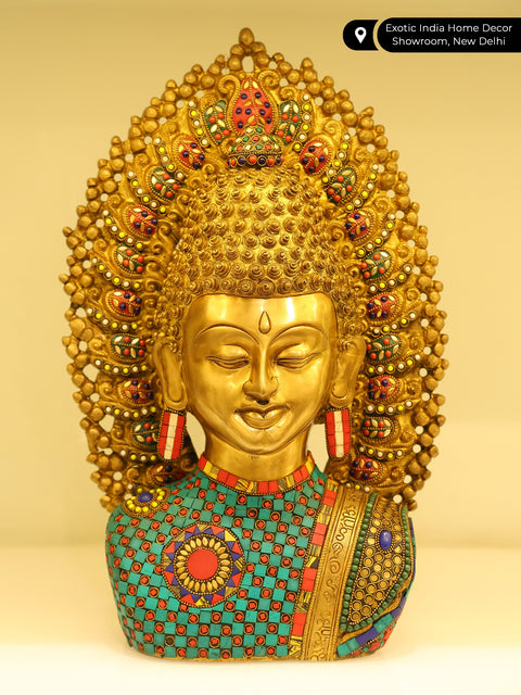 18" Serene Buddha Bust | Brass Statue with Inlay Work