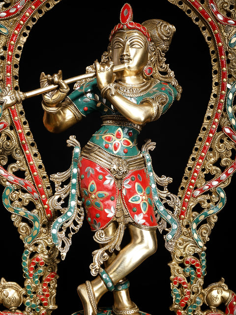 31" Large Murli Manohar Krishna Idol on Pedestal with Peacock Prabhavali | Inlay Brass Statue