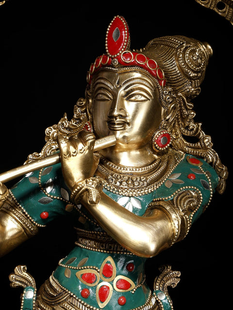 31" Large Murli Manohar Krishna Idol on Pedestal with Peacock Prabhavali | Inlay Brass Statue
