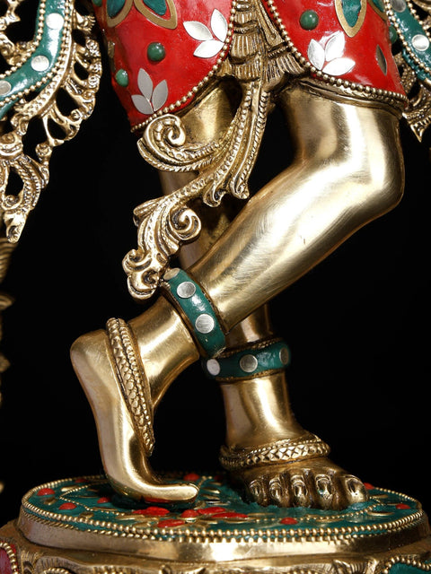 31" Large Murli Manohar Krishna Idol on Pedestal with Peacock Prabhavali | Inlay Brass Statue