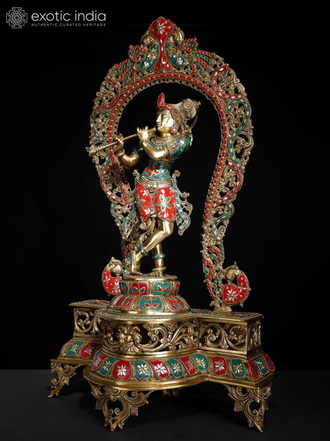 31" Large Murli Manohar Krishna Idol on Pedestal with Peacock Prabhavali | Inlay Brass Statue